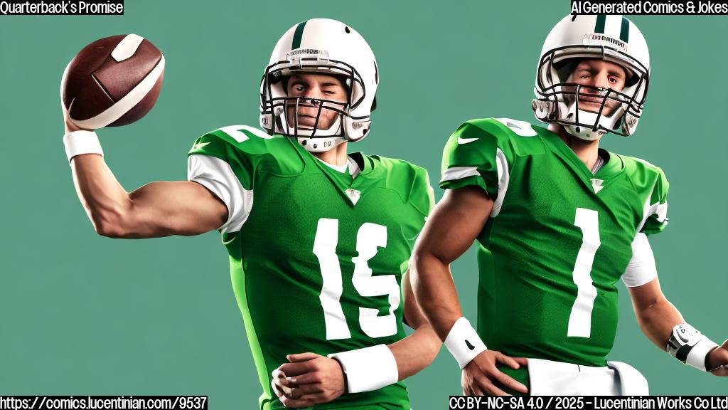Cartoon style image. A football quarterback with a surprised expression, throwing a football that's heading straight towards a defender with an anticipating, happy expression. The background is a plain light green color.