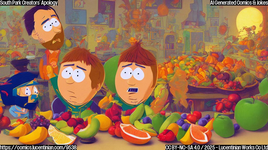 A cartoon-style image of a large, colorful fruit basket with various fruits like bananas, apples, and oranges, sitting on a table. In the background, two cartoon figures resembling the South Park creators are bowing with apologetic expressions. The scene has a plain, pastel-colored background.