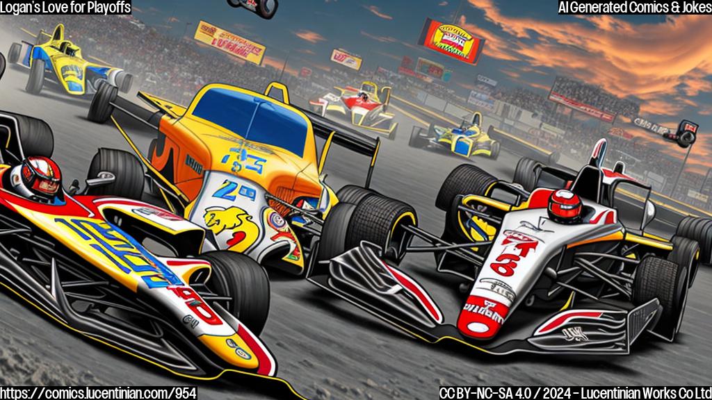 A cartoon of a racing car with a toolbox coming out of the gas tank, with two racers in the cockpit wearing Team Penske jerseys and helmets, engaging in a fierce battle with wrenches and hammers. The background should be a blurred image of the Phoenix Raceway track.