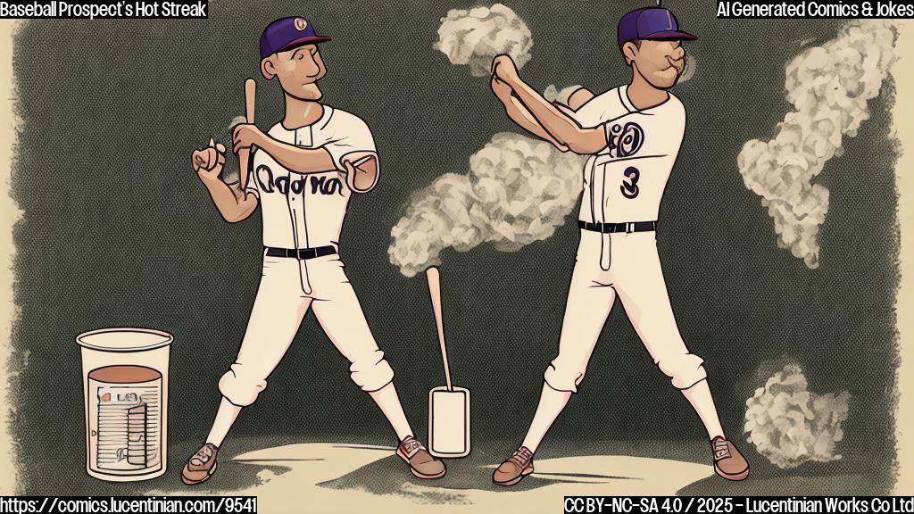 Cartoon style, plain background: A baseball player with a bat, sweating profusely with smoke coming off of him. A thermometer next to him reads a very high temperature.