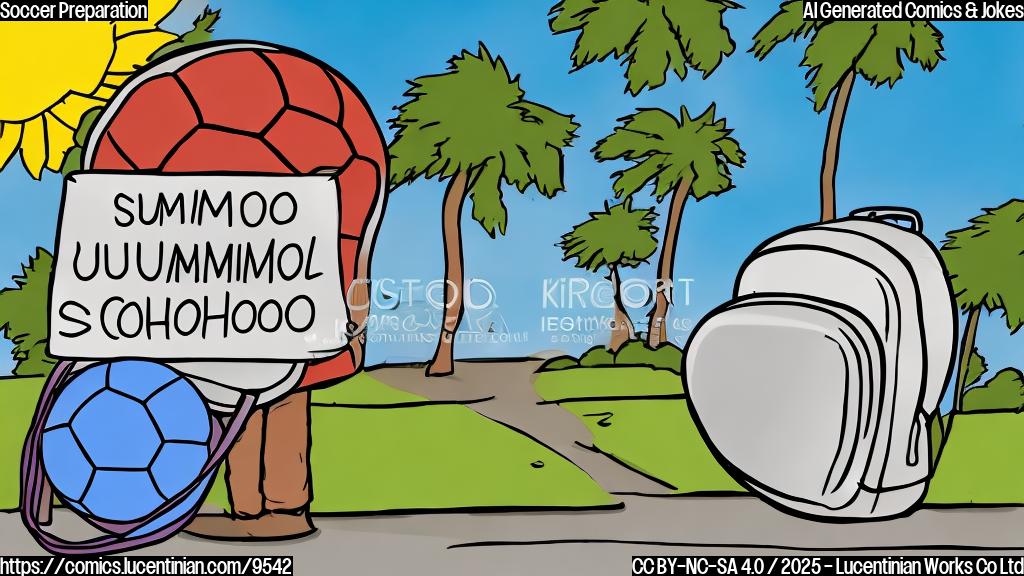 A simple, plain color cartoon of a soccer ball wearing a backpack and looking dejected outside a school building with a "Summer School" sign. The sky is bright blue.