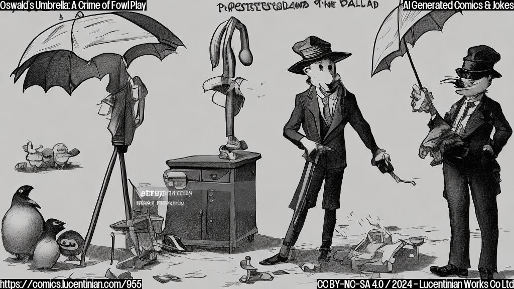 A cartoon-style image of a umbrella, wearing a fedora hat and holding a magnifying glass, standing next to a crime scene with police tape and a dead penguin in the background. The umbrella should have a sly expression on its face.
