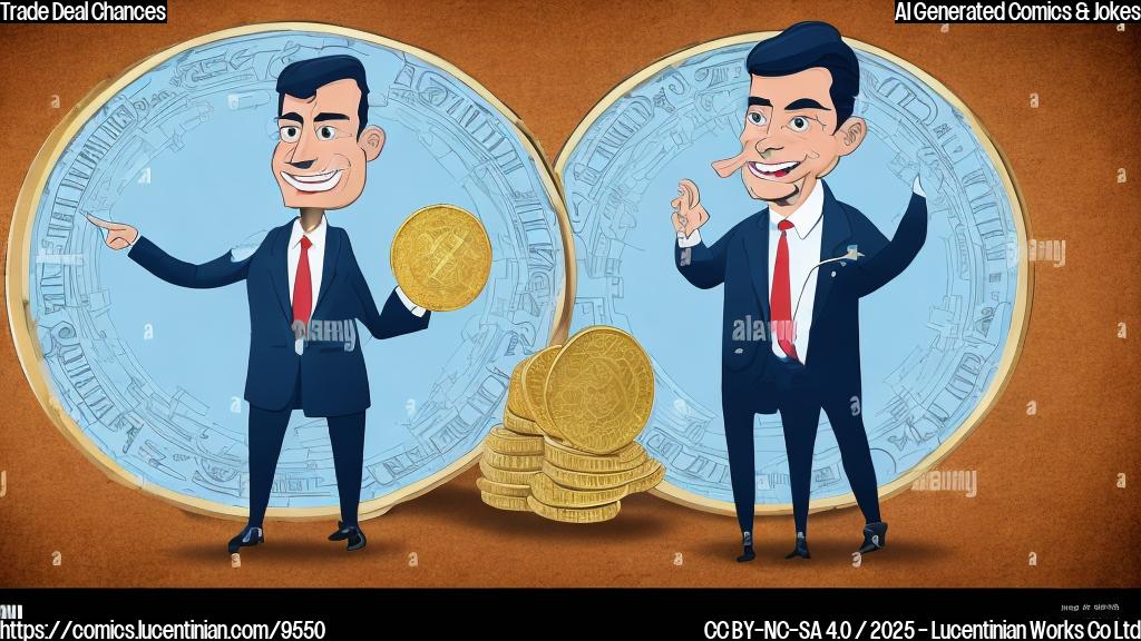 Cartoon style, plain background, a smiling negotiator in a suit holding a giant coin with "Trade Deal" engraved on it, background is a solid light blue color.