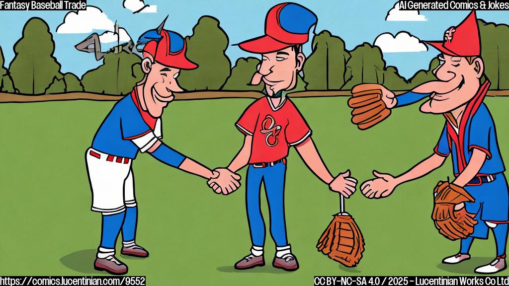 Plain color cartoon style image of a baseball player shaking hands with a man dressed as a wizard holding a bag of beans, with a baseball field in the background.