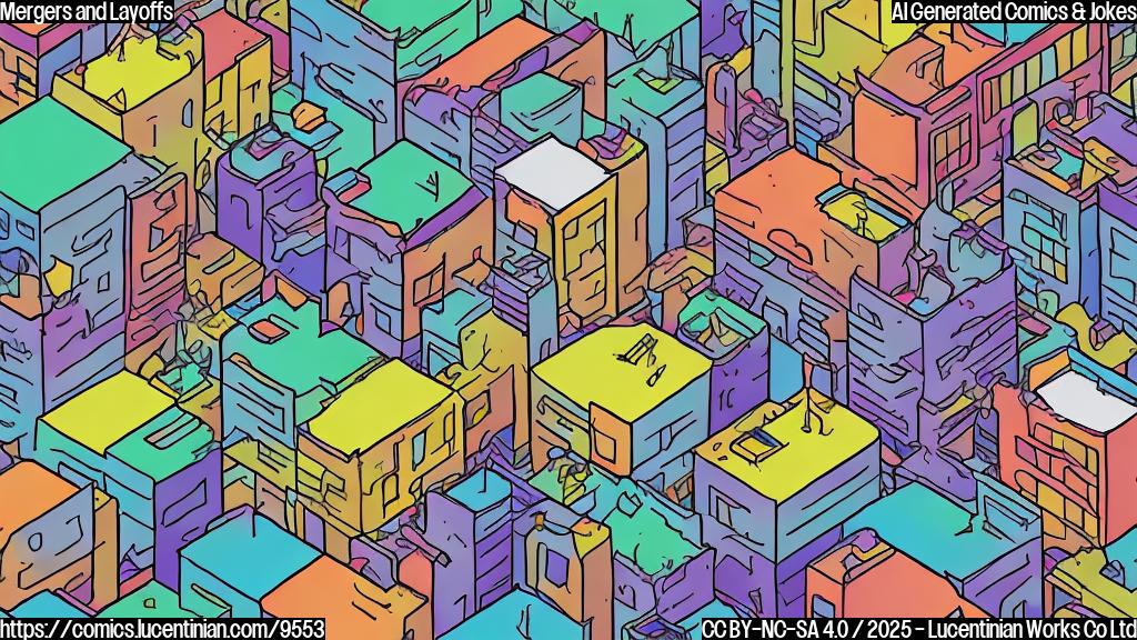Draw a plain color cartoon style picture: A sad small office building being swallowed by a giant, happy, and colorful office building.