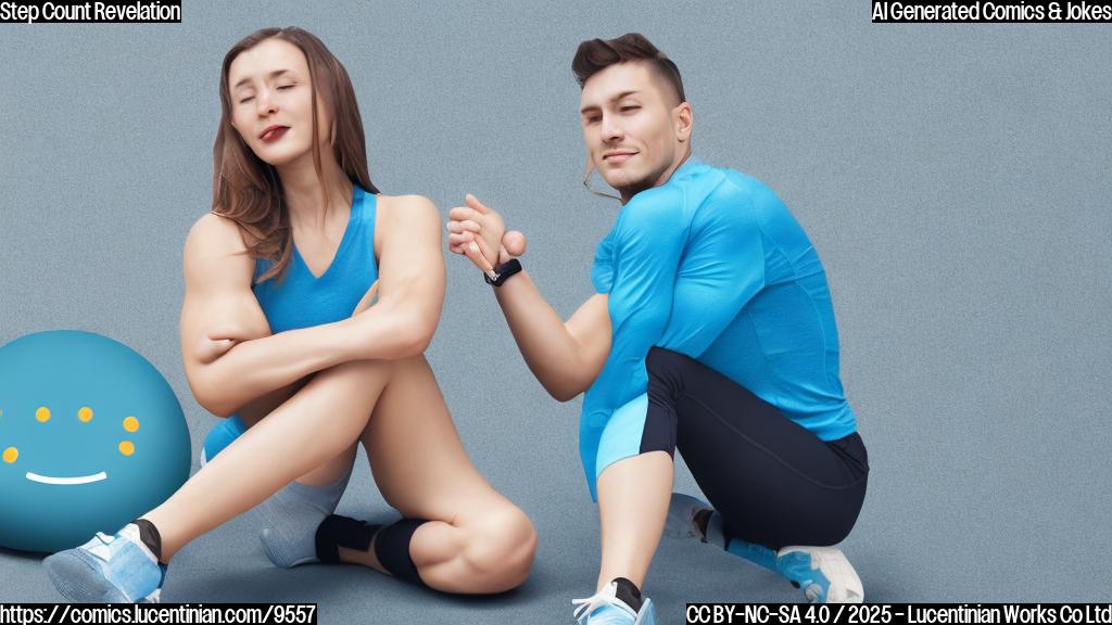 A cartoon pedometer with a sad face, sitting next to a happy, energetic character wearing workout clothes. The background is a minimalist, plain light blue.