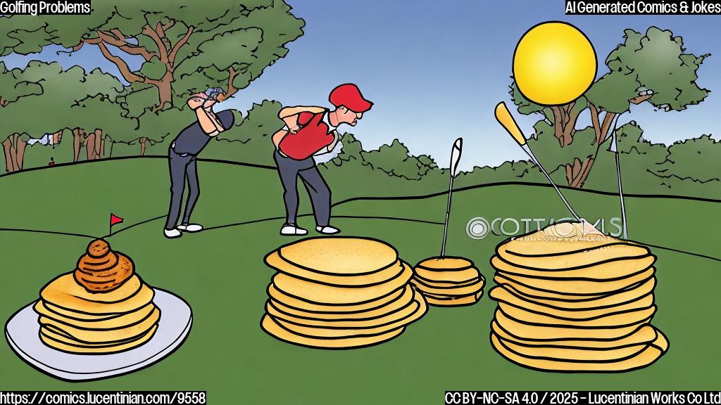 A cartoon drawing of a golf course with a stack of pancakes lying in the rough, all in plain colors.