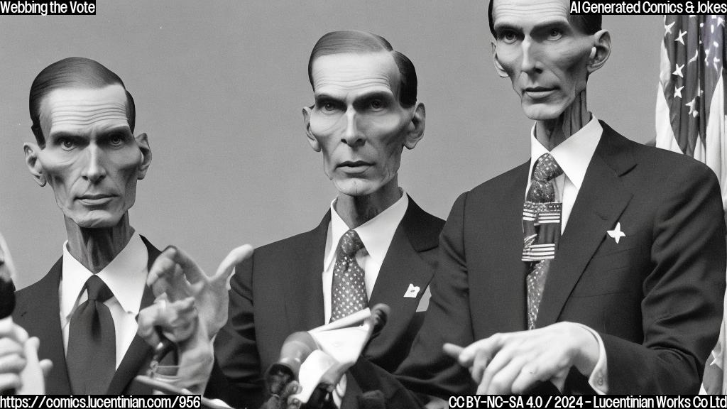 a tall, slender human figure with a suit and tie standing on a podium, with another identical figure on a lower rung above them, both looking serious and determined, surrounded by patriotic symbols and American flags in a neutral-colored background