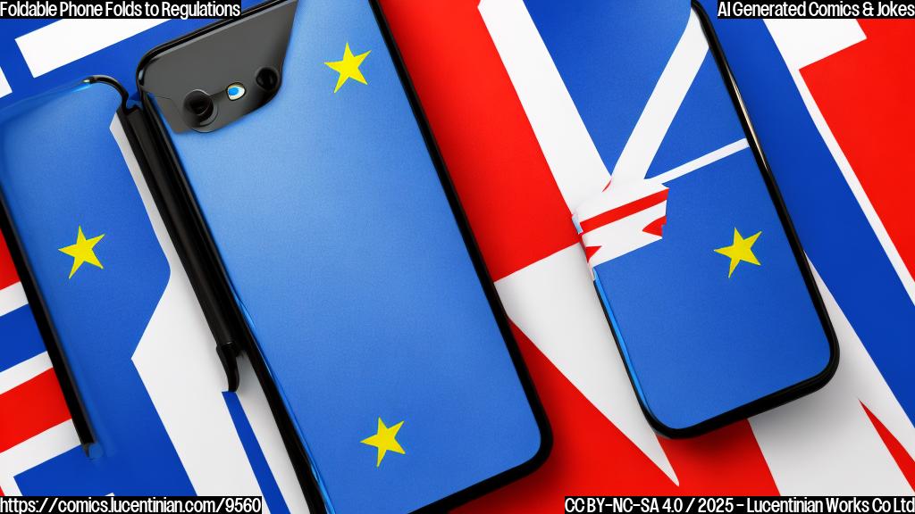 A plain cartoon image of a futuristic foldable smartphone sadly drooping in the middle, with a European Union flag waving in the background. The phone has a sad face on its screen. The color theme is pastel blue and white.