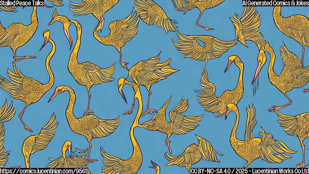 Cartoon style, plain light blue background, a group of stylized, simplified figures representing peace talks are stuck in mud. A large, yellow crane is attempting to lift them out. The figures are geometric shapes with sad faces. The mud is brown and thick.