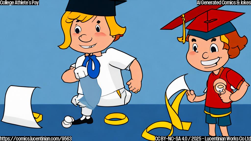 Plain color cartoon of a muscular figure in a generic sports uniform looking suspiciously at a rolled-up document tied with a ribbon. A graduation cap is floating near his head. Background is a simple, plain blue.