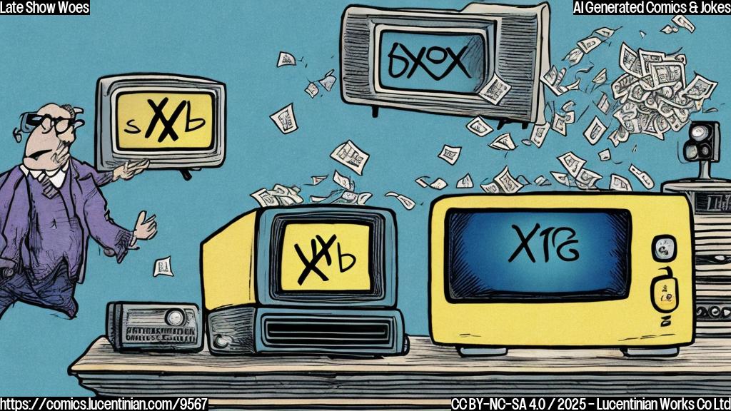 A single panel cartoon with a sad-looking television set displaying a dollar sign being crushed under a large "X". The television is pastel blue, and the background is a plain yellow.