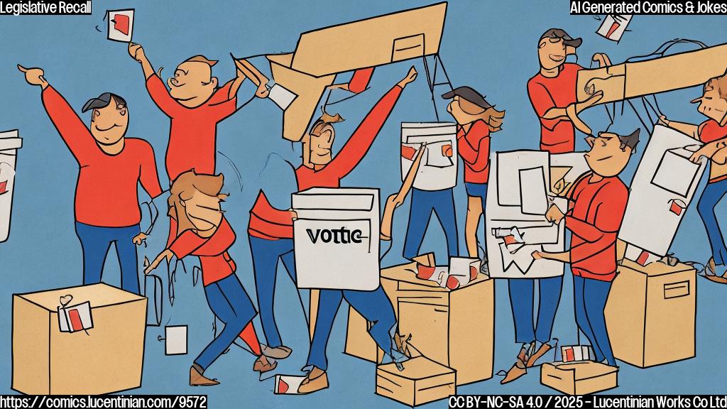 Cartoon illustration of a group of generic people at a voting booth with ballot boxes. One person is climbing out of a hole with a ladder, reaching towards a ballot box. Plain color background.