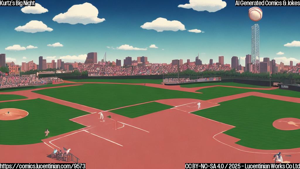 A baseball diamond with a batter hitting a ball out of the park. The sky is a solid color, and the style is simple, cartoonish, and uses plain colors.
