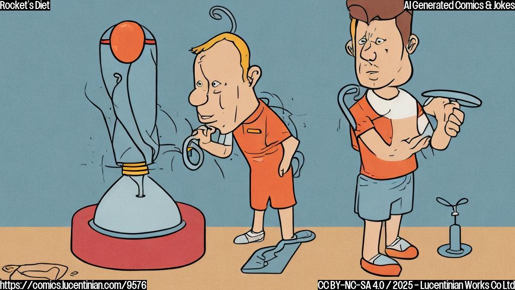 A plain color cartoon style illustration of a rocket looking at a weighing scale with a worried expression. The scale displays a weight higher than the rocket expected. Background is a light blue.
