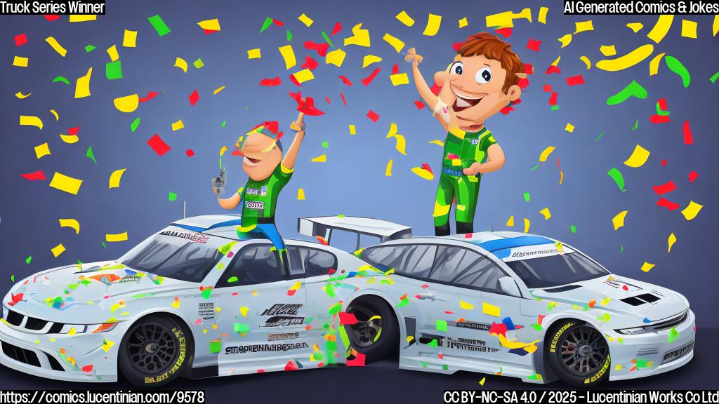 Plain color cartoon style image of a race car driver holding a ladder next to a race car. The car is parked in a victory lane setting with confetti falling.