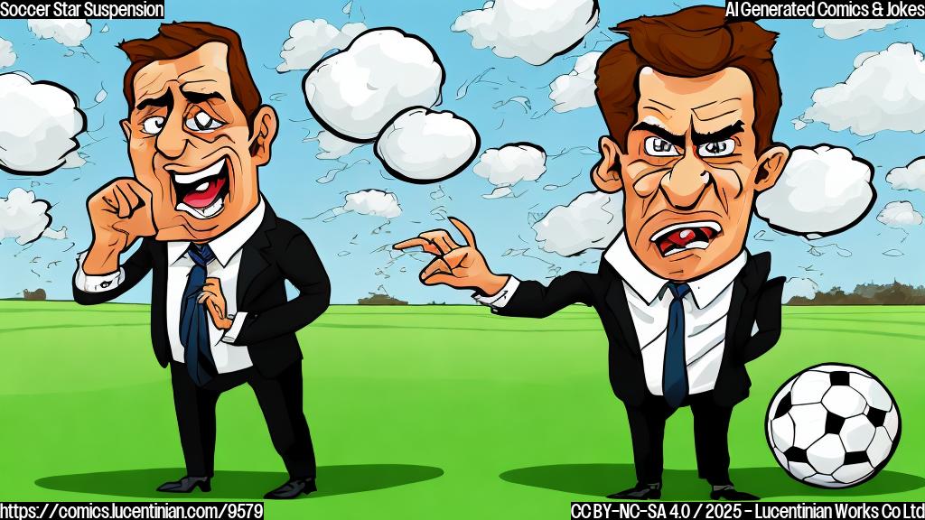 Cartoon image of a frustrated soccer club owner with exaggerated frowning face, wearing a suit, standing on a bright green soccer field. The style is simple, with plain, bold colors.