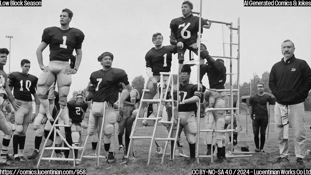 a gruff football coach stands on a ladder, looking down at a field with players in football gear, while a scoreboard in the background shows a close score