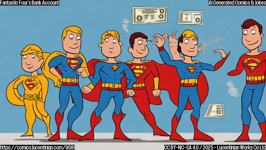A plain cartoon drawing in a flat style. Four superhero characters standing in front of a bank with a big dollar sign on it. One is stretching his arm, another is on fire, the third is invisible, and the fourth is made of rocks. The background is a simple blue sky.