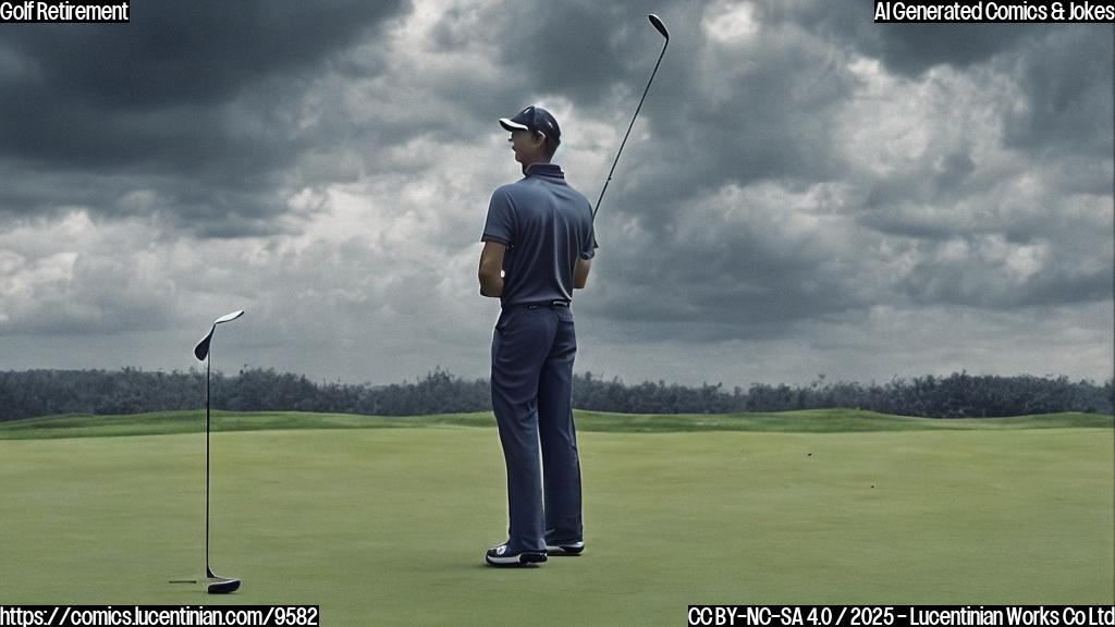 A cartoon-style image depicting a sad golf player standing on a golf course with his golf club over his shoulder. The sky is cloudy and gray, symbolizing his retirement. The colors are muted and plain.