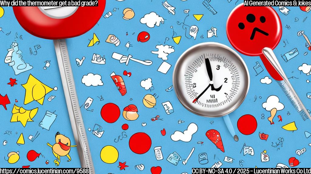 Cartoon thermometer with a sad face holding a weather report card with a big red "F" on it. Plain light blue background.
