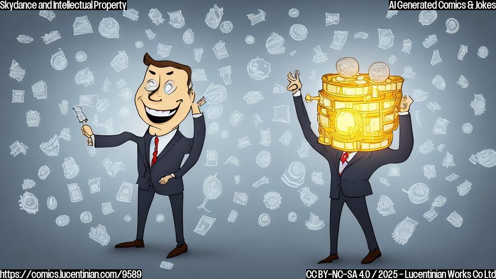 Cartoon style image of a businessperson in a grey suit with a big smile, reaching towards a treasure chest overflowing with cartoon lightbulbs representing ideas. The background is a plain light blue.