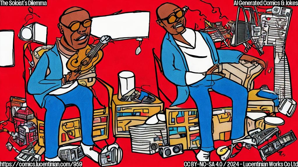 Draw a plain color cartoon style picture of a person sitting alone on a couch, surrounded by musical instruments and albums, with a thought bubble above their head showing a person trying to fit into a box with a red X through it. The person is depicted as Quincy Jones, wearing his signature sunglasses and a relaxed expression.