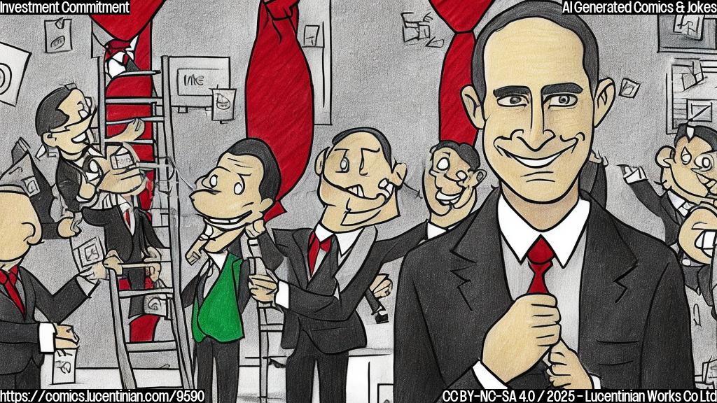 Plain cartoon style drawing of a businessman in a gray suit and red tie carrying a very tall ladder into a meeting room. Other businesspeople are seated around a large table piled high with stacks of money. The color palette is bright and cheerful.