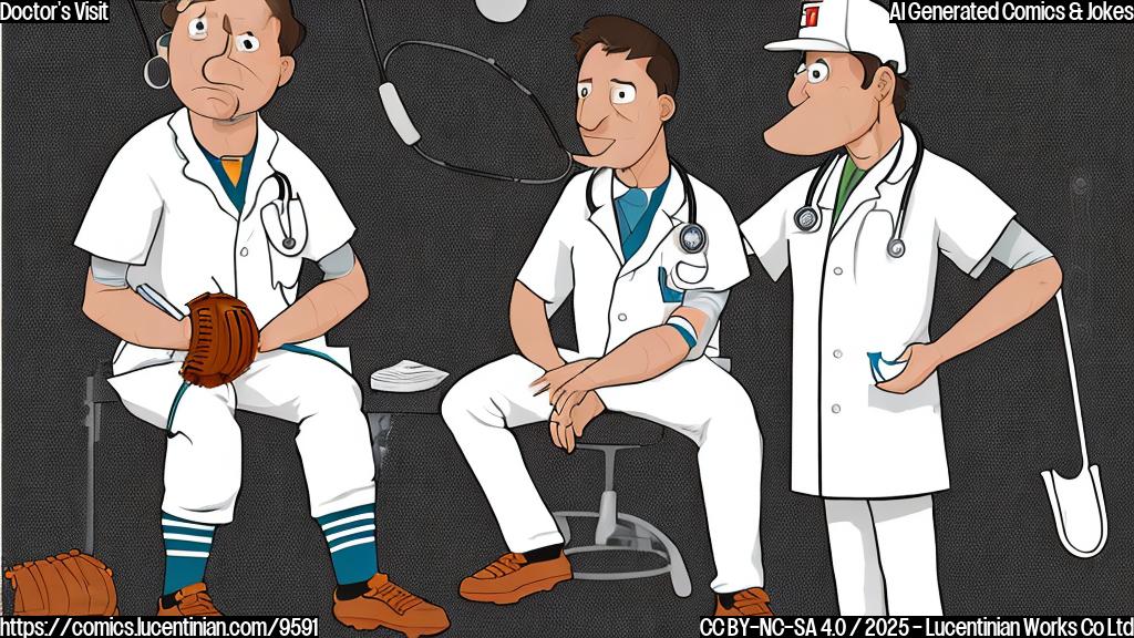 Cartoon image of a sad baseball player with a very large, bandaged right elbow sitting in a doctor's office. The style is simple and plain colored, with no background details. The doctor, wearing a white coat and stethoscope, is looking at the player with a concerned expression.