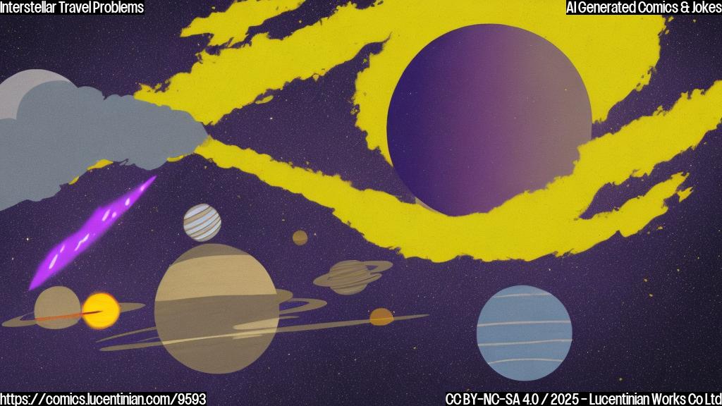 A simple cartoon illustration of a purple comet with a disgruntled face, flying past a yellow planet with a traffic ticket sticking to it. The background is a gradient of dark blue to black, representing space.