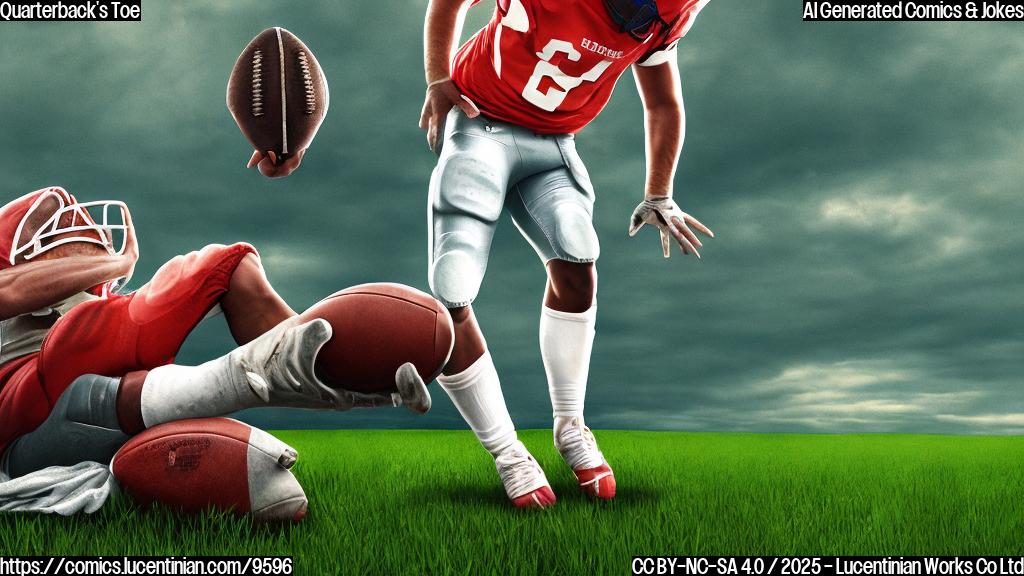 Plain cartoon style picture of a football player with a slightly injured toe, holding a small ladder. The background is a simple green field.