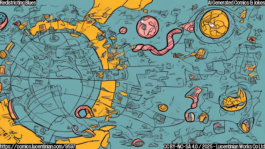 Cartoon illustration, plain color background, a grumpy-looking map with distorted lines and a crayon sticking out of it, speech bubble saying "Oops!", simple style.