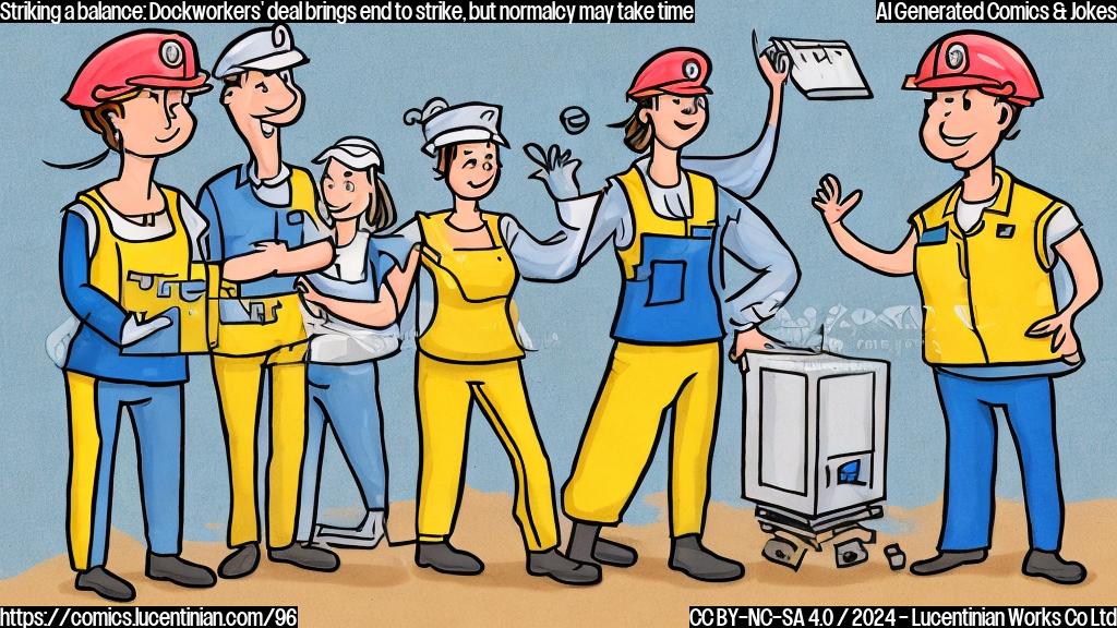 Draw a simple cartoon style picture of two workers (with one wearing a union uniform) and their wives standing together in front of an empty container ship. The worker holding the container is looking at his wife with a mix of relief and frustration on his face, while the other worker is waving goodbye to his wife. In the background, there's a blurred image of a docked ship and warehouse containers stacked up. Color scheme: blues and whites.