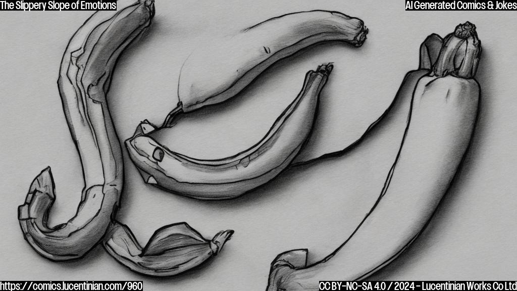 Draw a cartoon style picture of a banana peel sitting on a therapist's couch, looking emotional with a few tears in the corner.