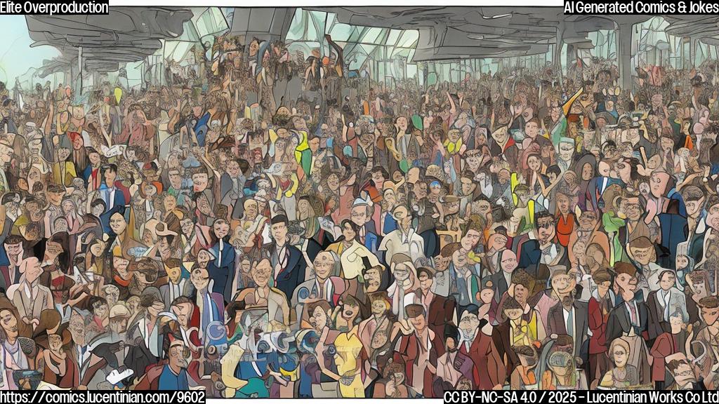 Cartoon of a society collapsing because of too many people trying to get into an exclusive airport lounge. The lounge is overflowing with upset, entitled-looking individuals, and the entire building is crumbling under the weight of the "elite overproduction." Use plain colors and a simple art style.