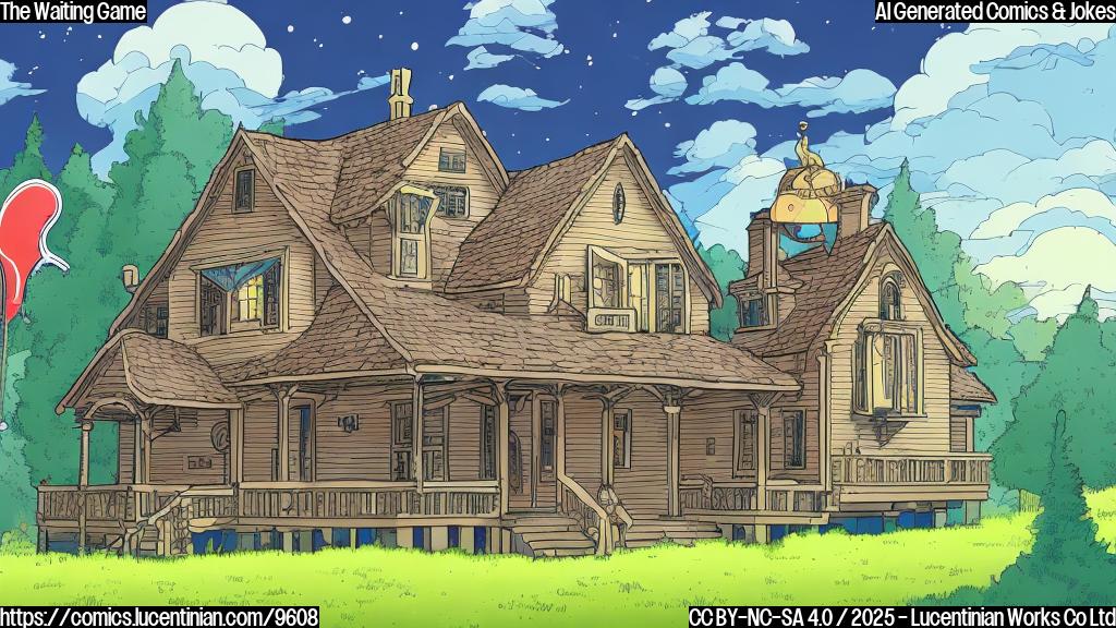 A simple cartoon image depicting a large house with a question mark hovering over it, and a small house with a dollar sign on it in the distance. The color palette should be plain and muted, with a focus on illustrating the idea of waiting and anticipation.