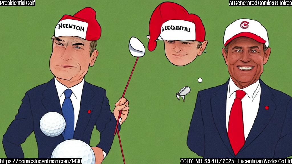 A cartoon image of a golf ball wearing a tiny suit and tie, nervously standing next to a golf club dressed as a president with a red hat, both on a green golf course.