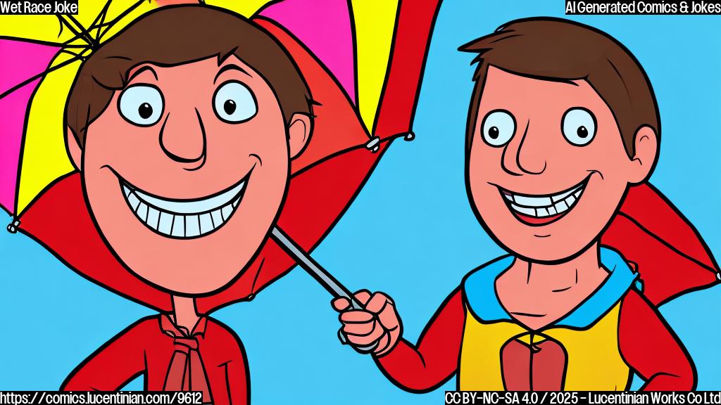Cartoon style drawing of a generic red race car with big eyes and a smiling mouth, holding a brightly colored umbrella. The background is a plain light blue.