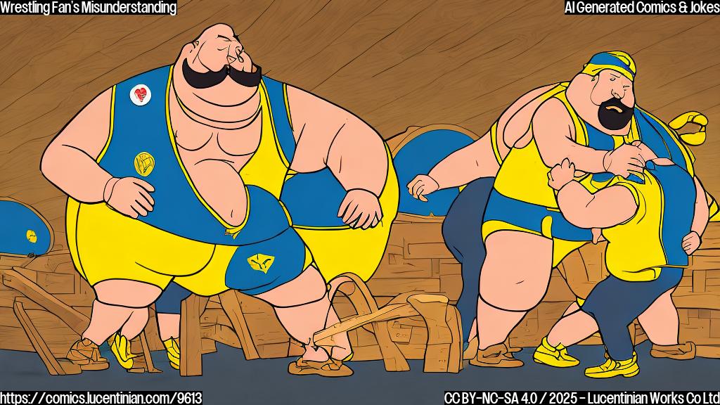 Cartoon style, plain yellow background, a slightly overweight man with a handlebar mustache and bandana on his head, wearing a bright yellow wrestling singlet, looks confusedly at a closed wooden coffin.