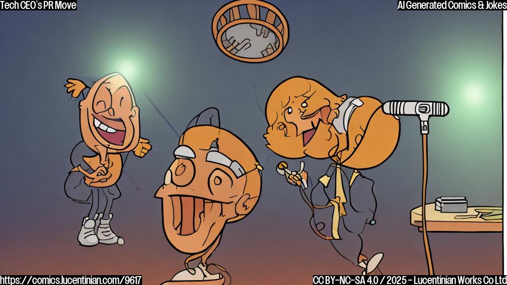 A simple, plain color cartoon image depicting a stage with a microphone. A spotlight shines on the microphone. Behind the microphone, there is a pair of big eyes and a huge smile. The smile hides something.