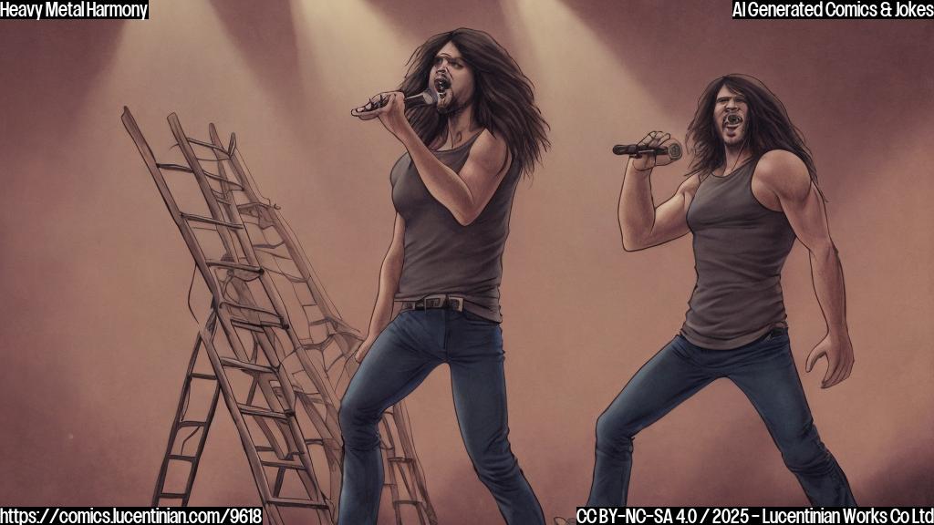 A plain color cartoon of a generic heavy metal singer with long hair, wearing a sleeveless shirt and holding a ladder on a stage with a microphone stand. The background is a single solid color.