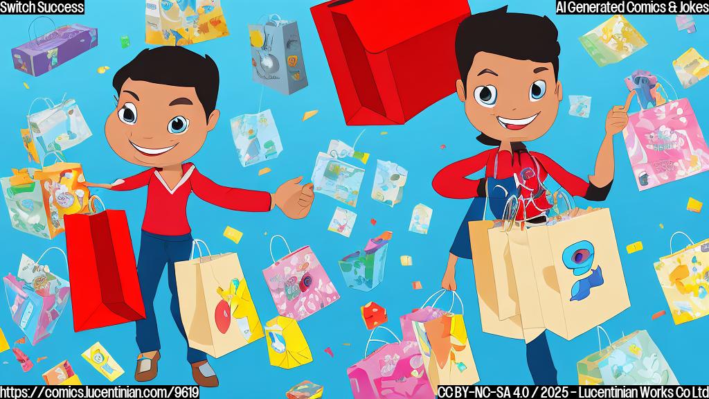 A happy cartoon gamer character holding a new video game console box, surrounded by shopping bags with retailer logos, set against a plain light blue background.