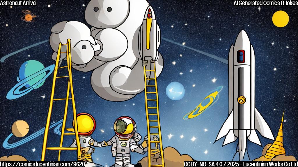 Plain color cartoon style picture of a space rocket with an astronaut holding a ladder, standing in front of it.