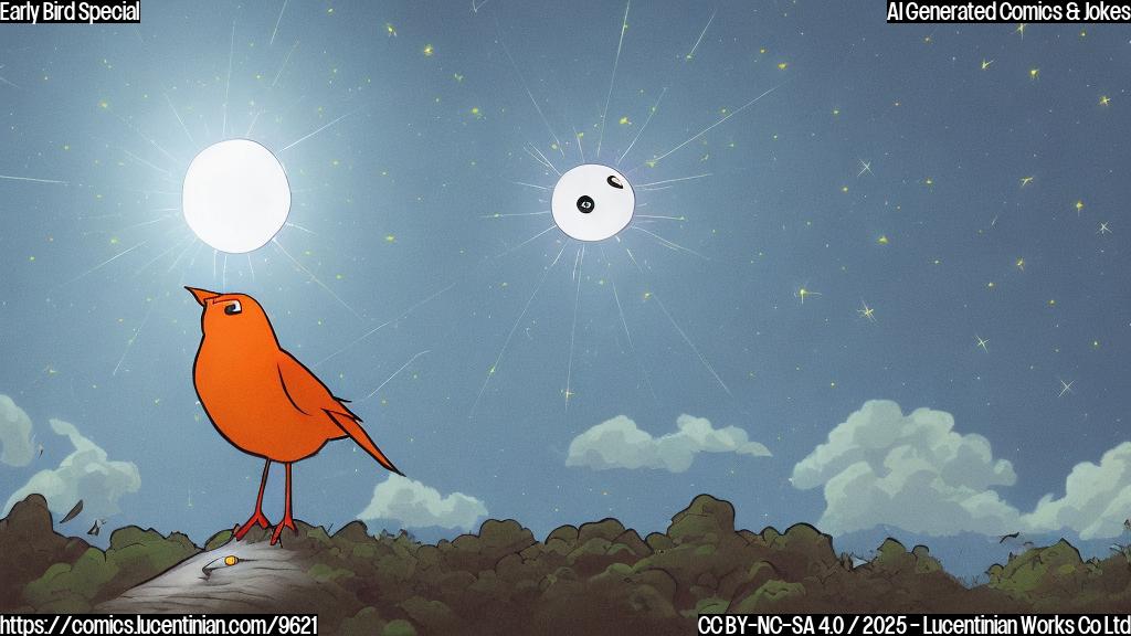 A brightly colored cartoon bird with wide, confused eyes looking up at a trail of bright light in a dark blue sky.