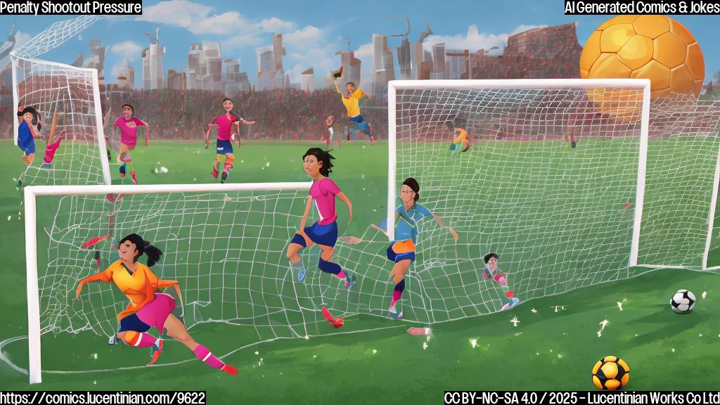 A cartoon image depicting a soccer field with a goal. A female soccer player is setting up a ridiculously tall ladder in front of the ball. Other players look on with confused expressions. The style is simple and brightly colored, like a children's book illustration.