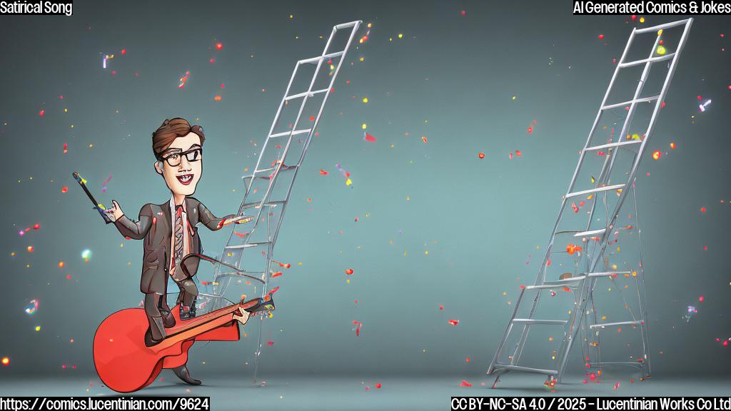 A cartoon style image of a songwriter with glasses and a suit, carrying a ladder on stage, with musical notes floating around.