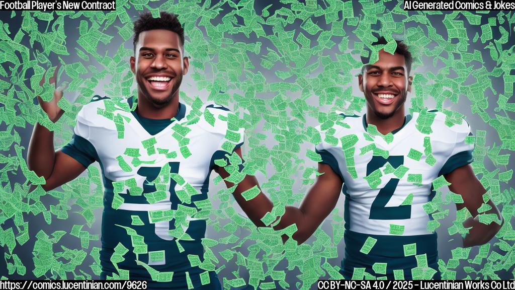 Cartoon style image of a green football player smiling and holding a large contract, with dollar signs raining down around him. Background is a plain blue color.