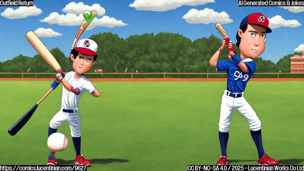Cartoon style, a baseball player with a large bat, looking nervously towards a vast, green field under a bright sun. The player is sweating and holding his stomach.