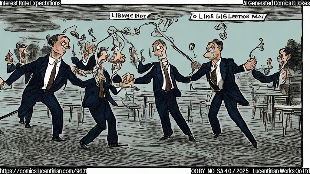 Cartoon image of a person in a suit attempting to do the limbo, with a long bar representing "interest rates" held very high. The background is a plain light blue.