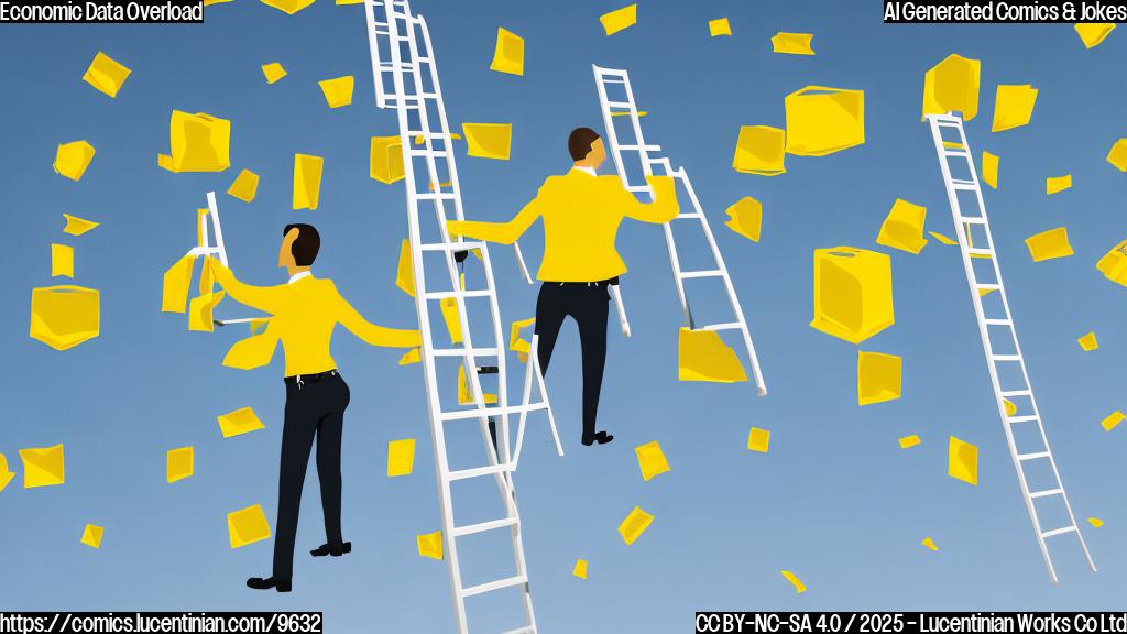 Cartoon style, plain light yellow background, an abstract person in a business suit carrying a comically large ladder labeled "Economic Data" towards a rooftop with question marks floating above.